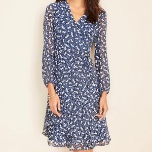 Ann Taylor Long Sleeve Blue Floral Wrap Dress - 6P